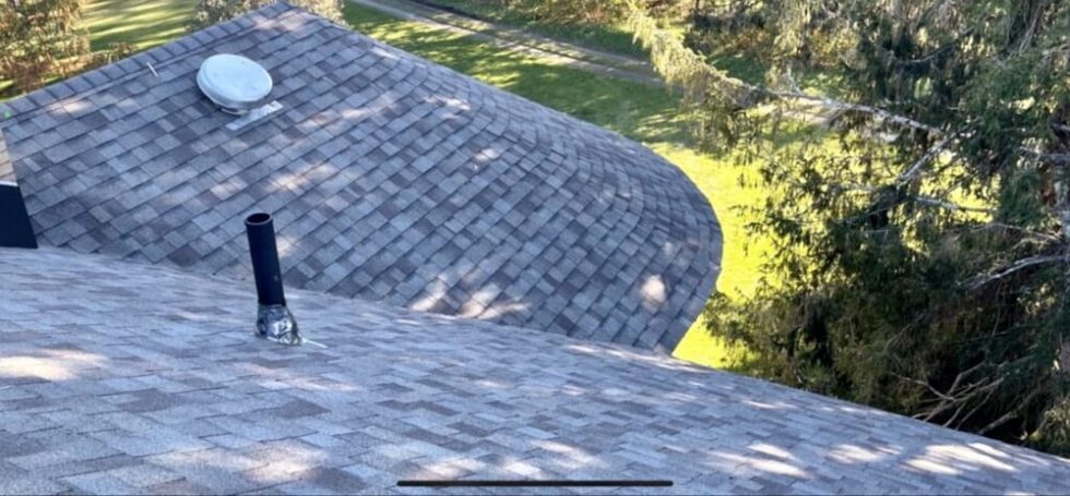 Chris Battaini Roofing - View of a shingled house roof with two vent pipes, surrounded by trees and a grassy area in the background.