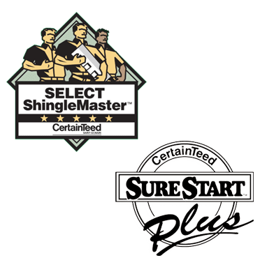 Two roofing certification logos: SELECT ShingleMaster CertainTeed with three workers, and CertainTeed SureStart Plus in stylized text.