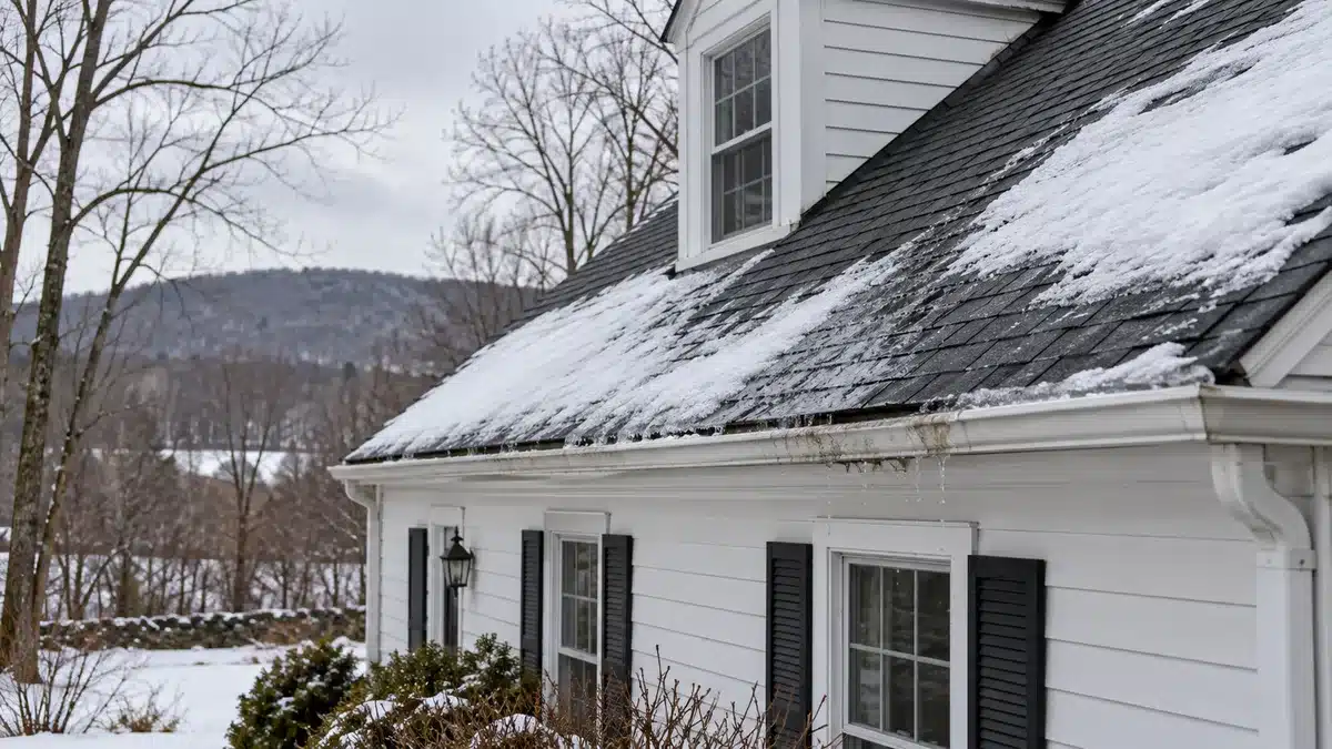 Melting snow and a localized wet eave on an asphalt-shingle roof in Berkshire County Massachusetts
