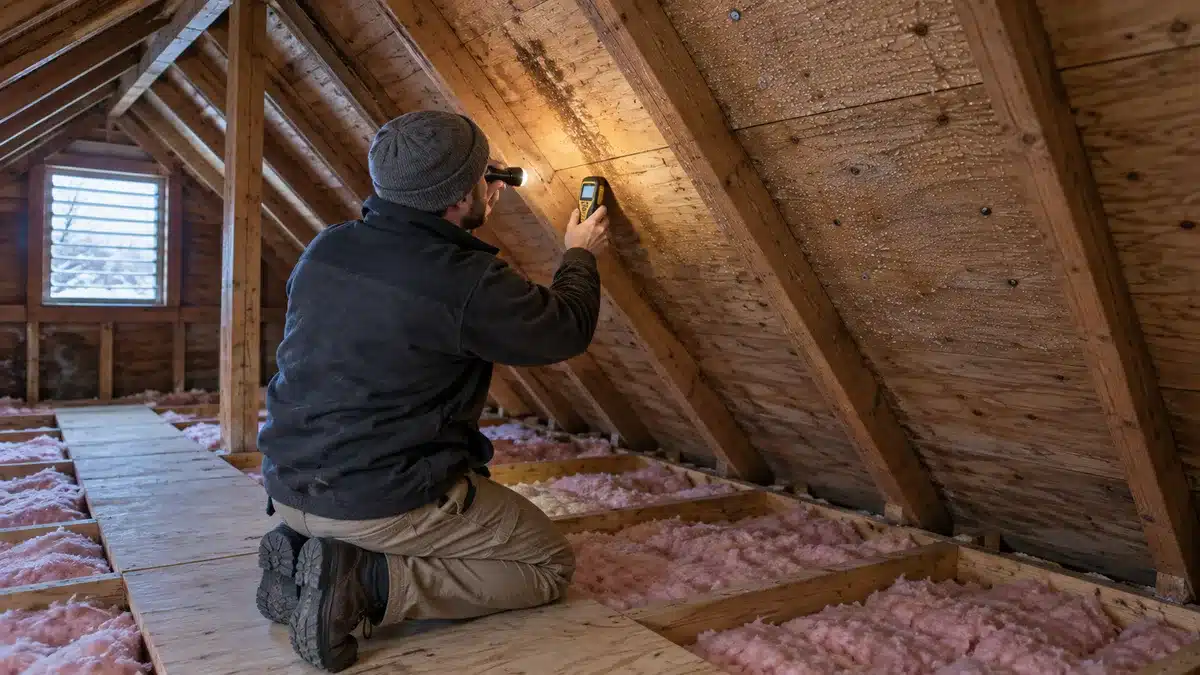 Inspector comparing localized roof-deck moisture with widespread attic condensation in a Berkshire County home