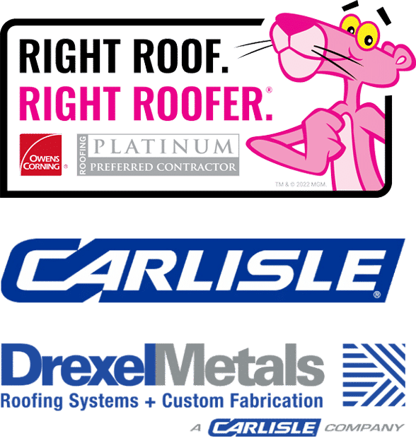 Owens Corning Platinum Preferred Contractor, Carlisle and Drexel Metals certified installer logos
